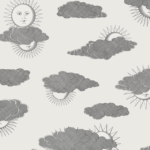 Illustratie van Fornasetti-behang Soli e Novole met zonnetjes achter de wolken in zwart en wit