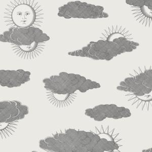 Illustratie van Fornasetti-behang Soli e Novole met zonnetjes achter de wolken in zwart en wit