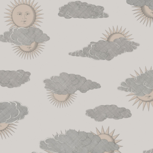 Illustratie van Fornasetti-behang Soli e Novole met zonnetjes achter de wolken in pastel