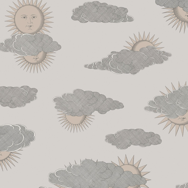 Illustratie van Fornasetti-behang Soli e Novole met zonnetjes achter de wolken in pastel