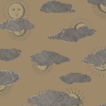 Illustratie van Fornasetti-behang Soli e Novole met zonnetjes achter de wolken in goud