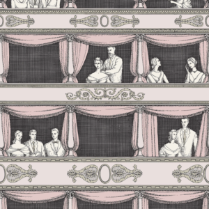 Illustratie van het Fornasetti-behang Theatro met elegante theaterbezoekers en roze gordijnen.