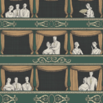 Illustratie van het Fornasetti-behang Theatro met elegante theaterbezoekers en goudkleurige gordijnen.