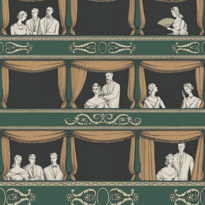 Illustratie van het Fornasetti-behang Theatro met elegante theaterbezoekers en goudkleurige gordijnen.