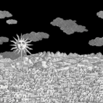 illustratie van het Fornasetti-behang Vista Mediterranea, architectonische voorstelling van Jeruzalem in zwart wit