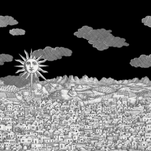 illustratie van het Fornasetti-behang Vista Mediterranea, architectonische voorstelling van Jeruzalem in zwart wit