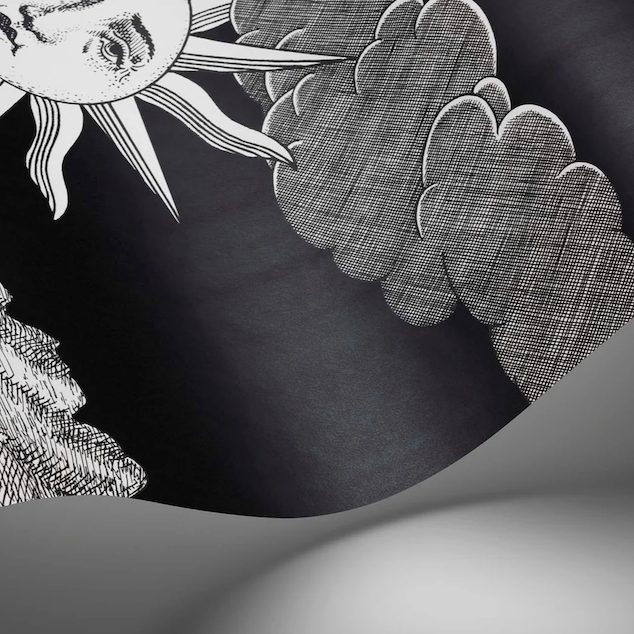 illustratie van het Fornasetti-behang Vista Mediterranea, architectonische voorstelling van Jeruzalem in zwart wit