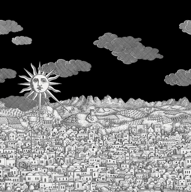 illustratie van het Fornasetti-behang Vista Mediterranea, architectonische voorstelling van Jeruzalem in zwart wit