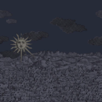 illustratie van het Fornasetti-behang Vista Mediterranea, architectonische voorstelling van Jeruzalem in midnight met zilveren zon