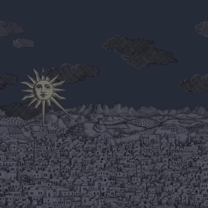 illustratie van het Fornasetti-behang Vista Mediterranea, architectonische voorstelling van Jeruzalem in midnight met zilveren zon