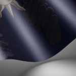 illustratie van het Fornasetti-behang Vista Mediterranea, architectonische voorstelling van Jeruzalem in midnight met zilveren zon