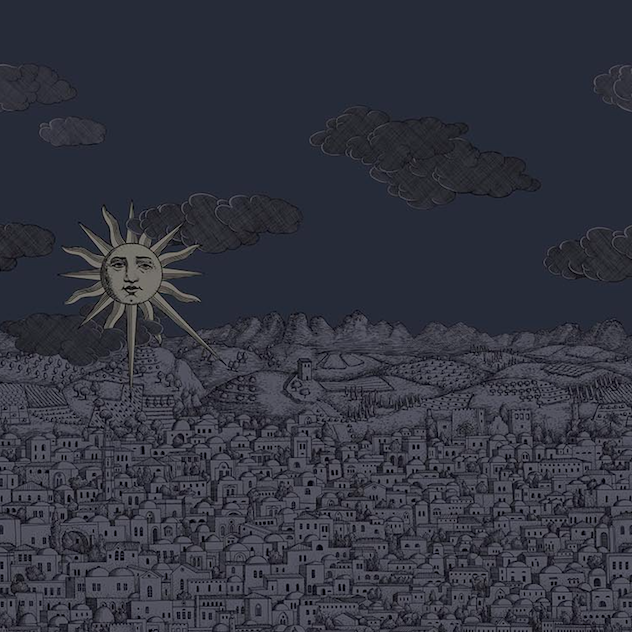 illustratie van het Fornasetti-behang Vista Mediterranea, architectonische voorstelling van Jeruzalem in midnight met zilveren zon