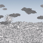 illustratie van het Fornasetti-behang Vista Mediterranea, architectonische voorstelling van Jeruzalem in blauw