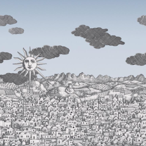 illustratie van het Fornasetti-behang Vista Mediterranea, architectonische voorstelling van Jeruzalem in blauw