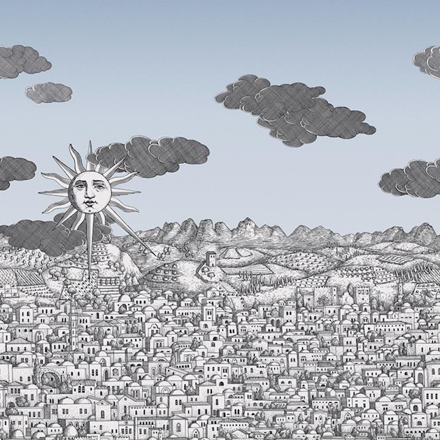 illustratie van het Fornasetti-behang Vista Mediterranea, architectonische voorstelling van Jeruzalem in blauw