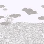 illustratie van het Fornasetti-behang Vista Mediterranea, architectonische voorstelling van Jeruzalem in een zachte neutrale kleur