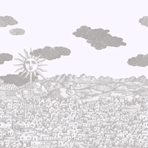 illustratie van het Fornasetti-behang Vista Mediterranea, architectonische voorstelling van Jeruzalem in een zachte neutrale kleur