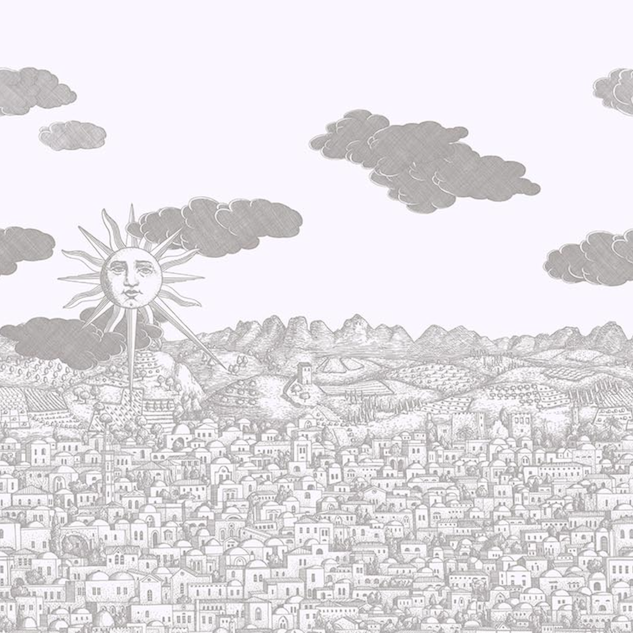 illustratie van het Fornasetti-behang Vista Mediterranea, architectonische voorstelling van Jeruzalem in een zachte neutrale kleur
