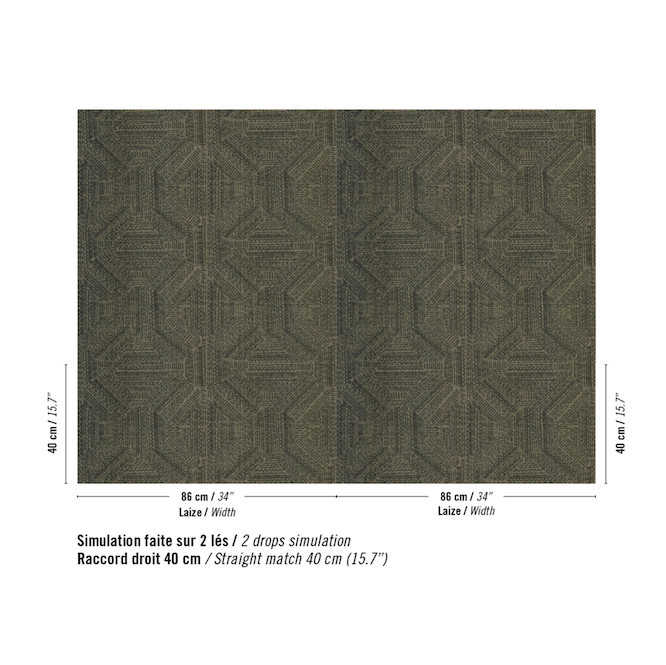 Patroon van Raffia behang in zwart met geometrisch patroon: Elitis Origine Alfabet RM 1108-67