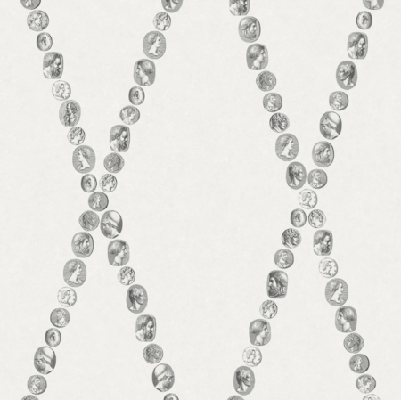 Illustratie van Fornasetti-behang Cammei een wieberpatroon en klassieke munten in zwart/wit