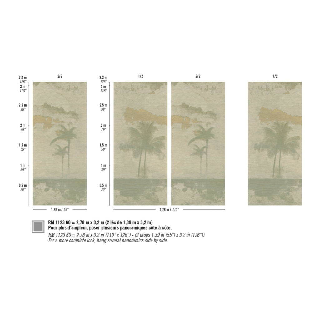Patroon van het Panorama behang van palmbomen: Elitis Ecume Palmeraie met fijne structuur