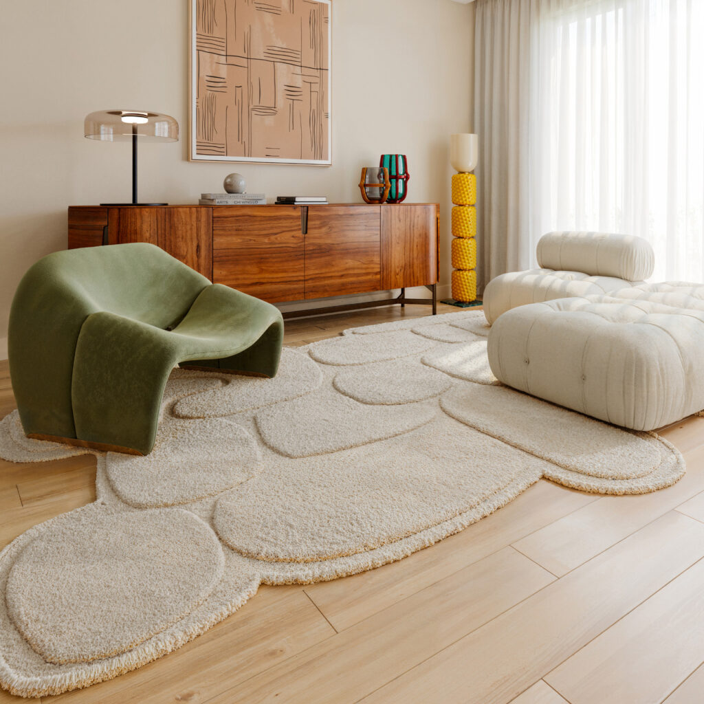 Sfeer woonkamer met het creme kleurige Limited Edition Abstract Maya ASO1612186 Cream Organic 16 vloerkleed