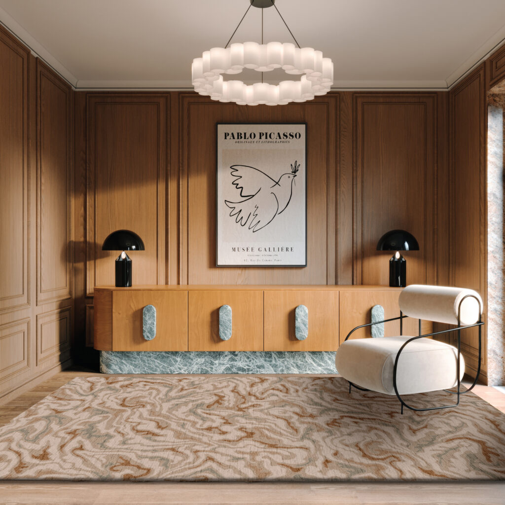 Woonkamer met het roest oranje vloerkleed van Limited Edition Arabesque Low AARL23334 Amberlight Rectangle