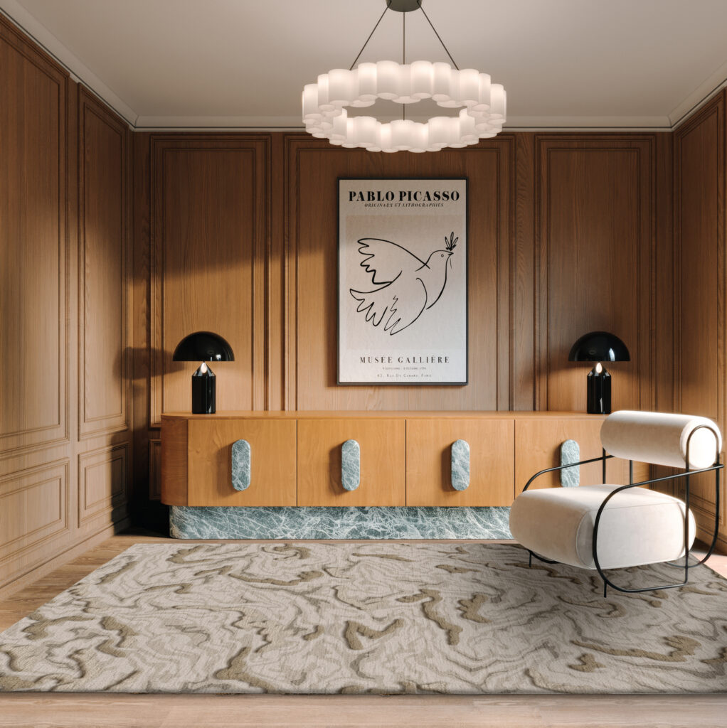 Interieur weergave van het Limited Edition vloerkleed Arabesque_High_AARH36355_Moonstone_Rectangle sfeer