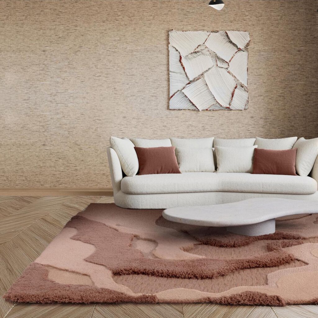 Woonkamer met het wollen vloerkleed: Limited Edition Arcadia ACR24295 Canyon Sunset Rectangle