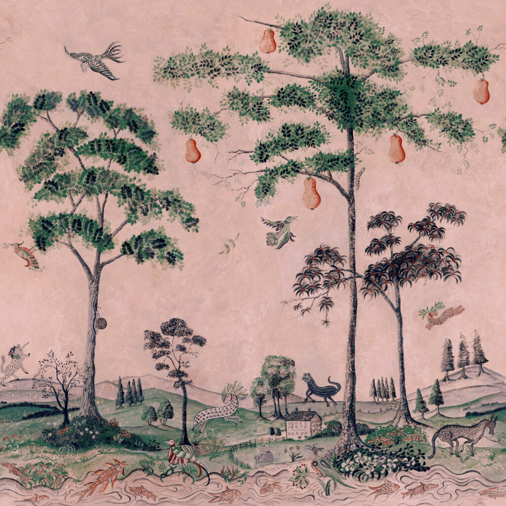 Product weergave van het Andrew Martin behang mythical-land-daybreak in een roze kleur
