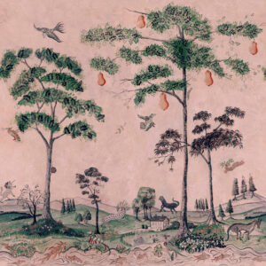 Product weergave van het Andrew Martin behang mythical-land-daybreak in een roze kleur