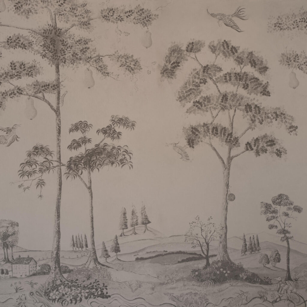 Patroon van het Andrew Martin behang mythical-land-peat in grijs wit