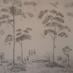 Patroon van het Andrew Martin behang mythical-land-peat in grijs wit