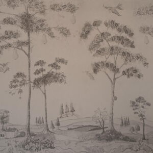 Patroon van het Andrew Martin behang mythical-land-peat in grijs wit
