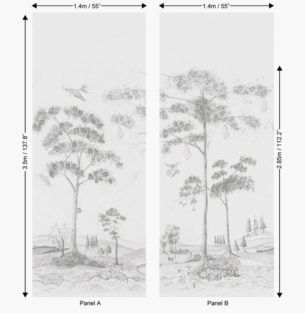 Patroon van het Andrew Martin behang mythical-land-peat in grijs wit