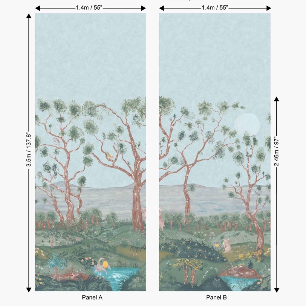 Patroon van het Andrew Martin lantern-parade-midsummer panorama behang in blauw