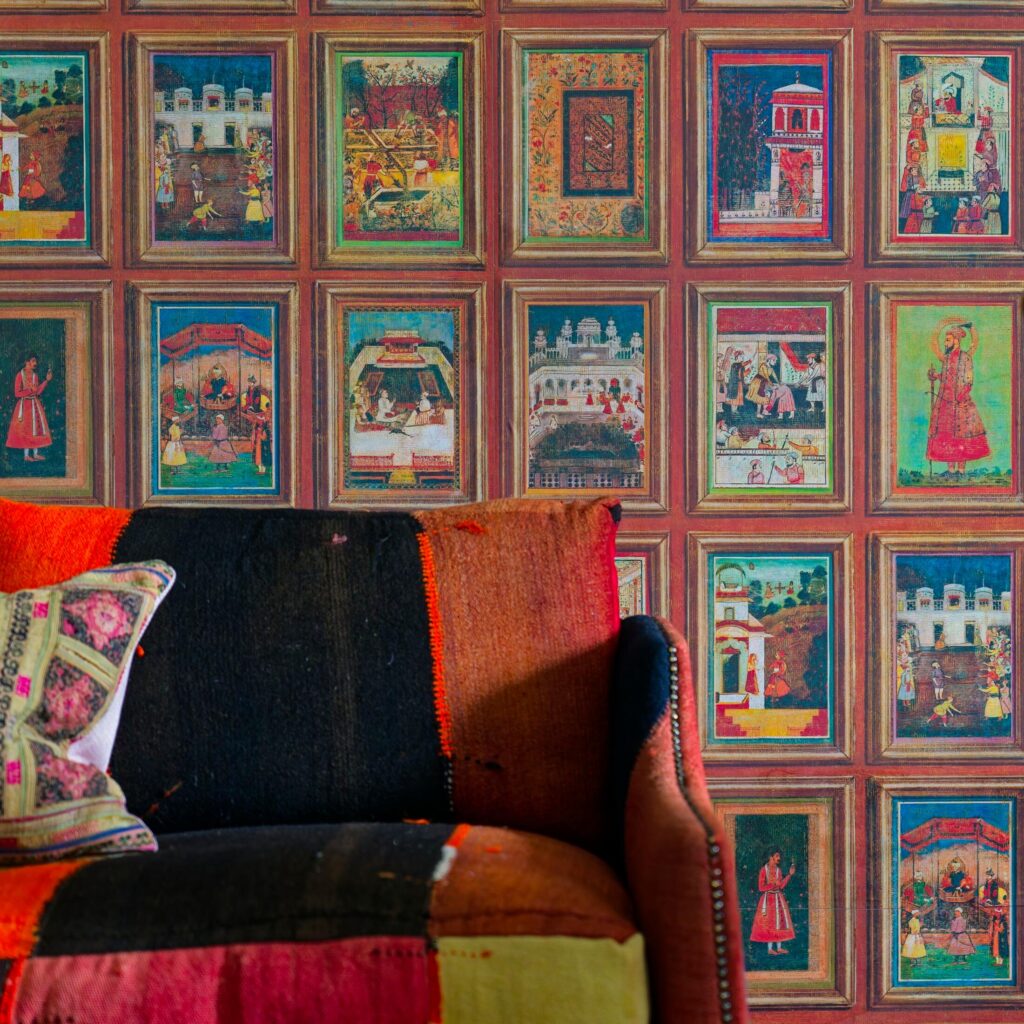 Interieur weergave van het Andrew Martin miniatures behang