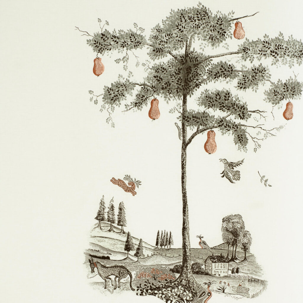 Product weergave van het Andrew Martin-pear-tree-graphite behang
