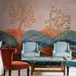 Woonkamer met op de muur het Andrew Martin rufus-mist panorama behang