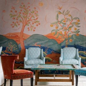 Woonkamer met op de muur het Andrew Martin rufus-mist panorama behang
