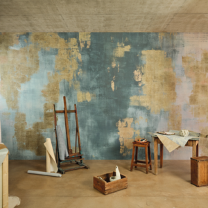 Interieur weergave van het Elitis-gestes-topkapi vp-1053-01 panorama behang in blauw met goud