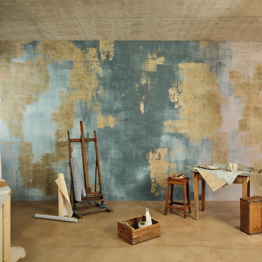 Interieur weergave van het Elitis-gestes-topkapi vp-1053-01 panorama behang in blauw met goud