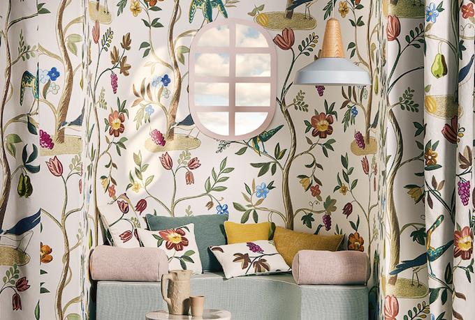 Interieur weergave van het behang Pierre Frey l'arbre Magique FP 213001 Matin