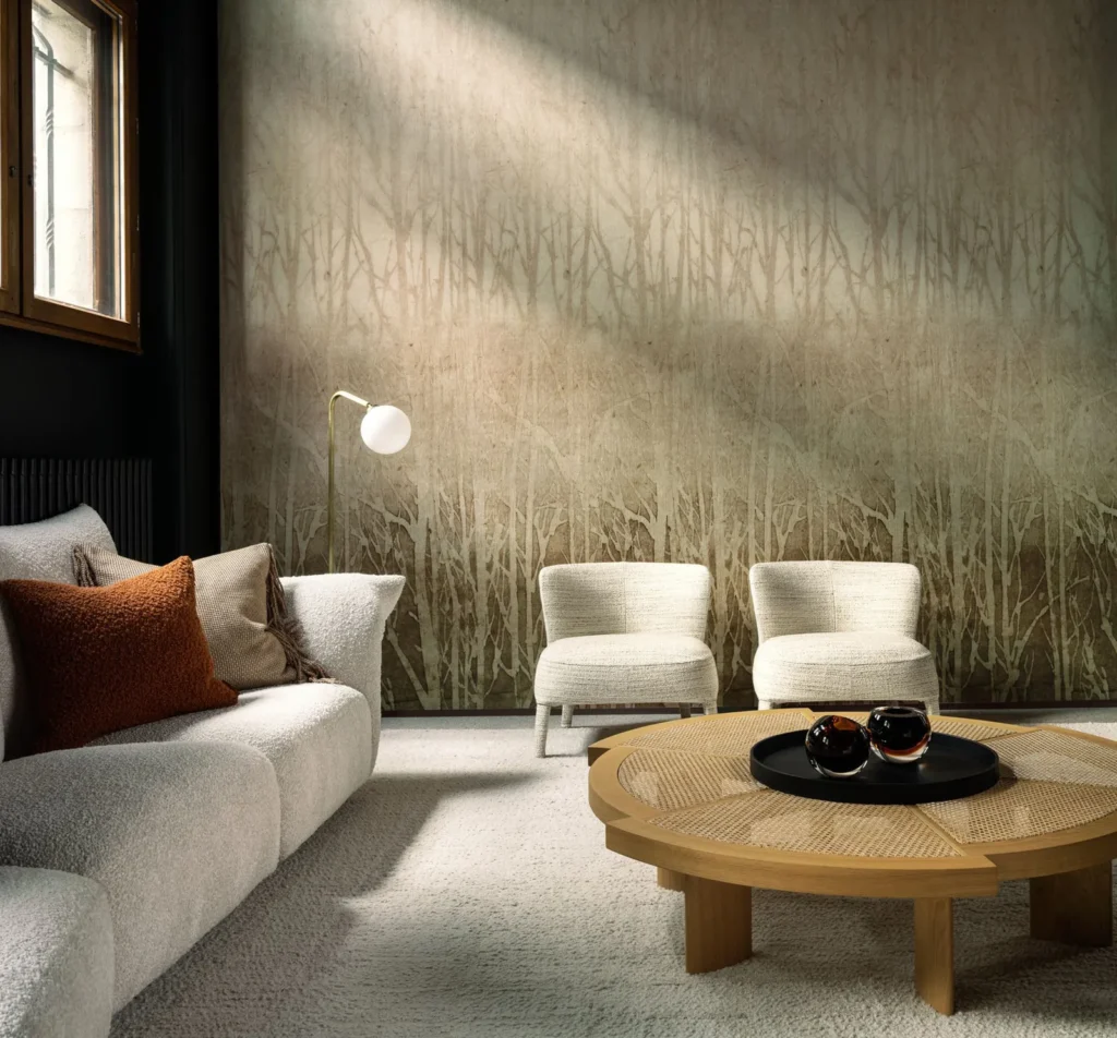 Interieur met Arte Ombre Arbor panoramabehang in bruin, kleur Mocha (32372)