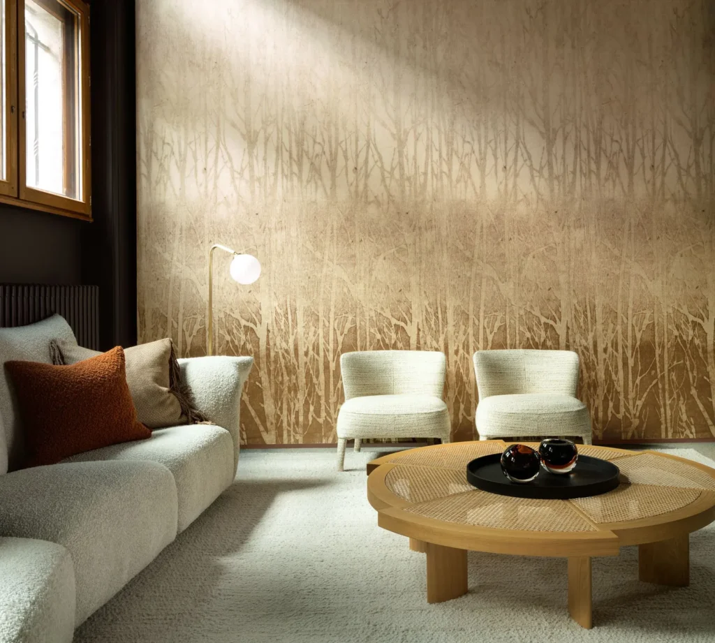 Interieur met Arte Ombre Arbor panoramabehang in geel, kleur Saffron (32370)