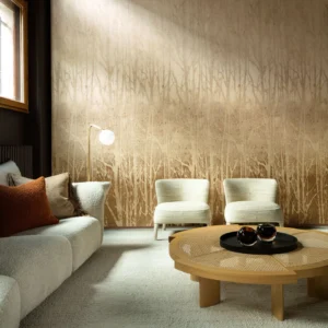 Interieur met Arte Ombre Arbor panoramabehang in geel, kleur Saffron (32370)