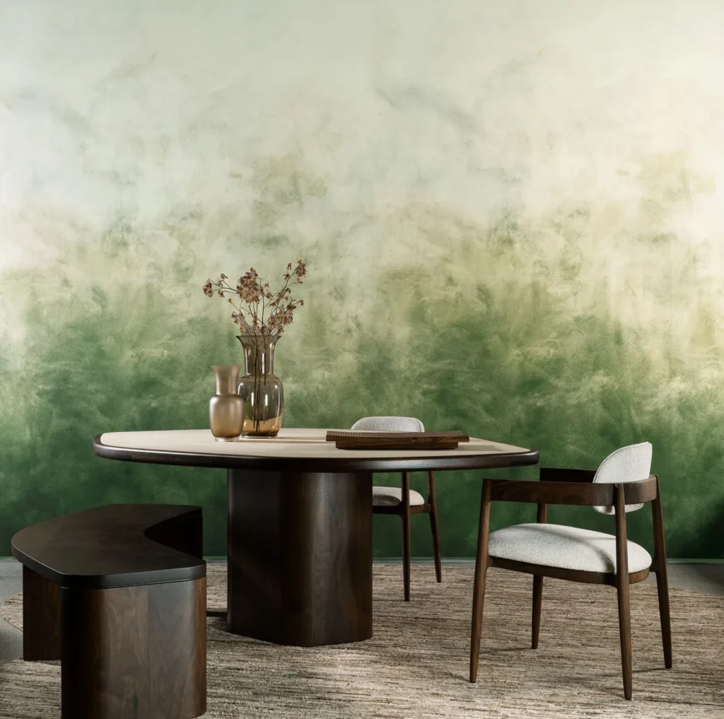 Interieur met Arte Ombre Flux panoramabehang in groen, kleur Emerald Haze (32382)