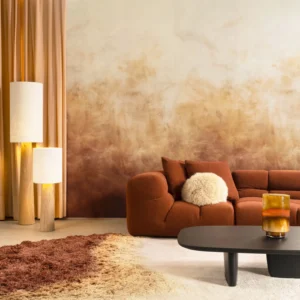 Interieur met Arte Ombre Flux panoramabehang in goud, kleur Golden Cloud (32380)