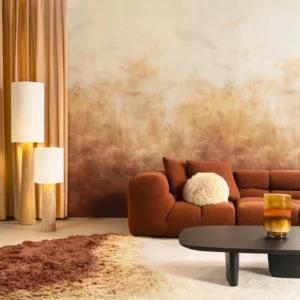 Interieur met Arte Ombre Flux panoramabehang in goud, kleur Golden Cloud (32380)