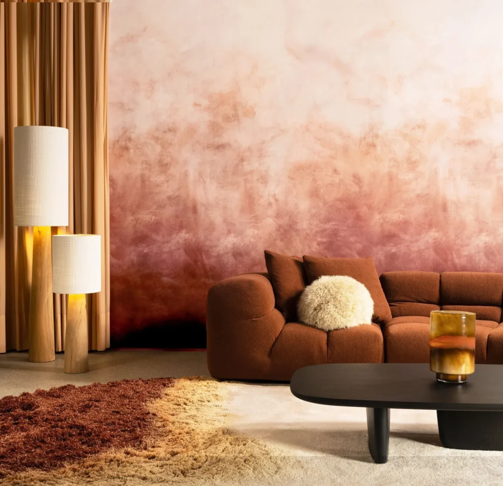 Interieur met Arte Ombre Flux panoramabehang in rood, kleur Red Flame (32381)